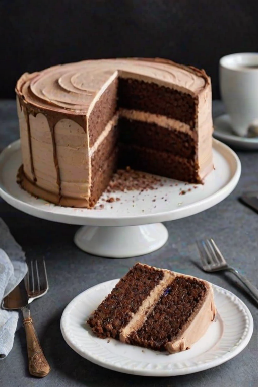 Create an image of a layered cake with a smooth, creamy frosting and a light dusting of cocoa powder on top. The cake should be presented on a round white plate, with a slice cut and placed on a small, simple dish beside it. The slice should reveal the distinct layers of cake and frosting, showcasing a delicious and inviting appearance. The background should be minimalistic to keep the focus on the cake.