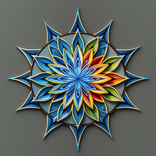 Create a high-resolution geometric design featuring a blue flower of life on one half and a colorful star on the other, using a DSLR camera with a 50mm lens, aperture set to f/2.8, ISO 100, shot from a top-down angle with soft natural lighting for enhanced clarity and detail.