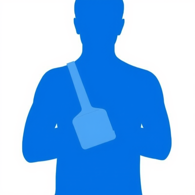 Create an illustration of a simple blue silhouette of a person with an arm in a sling, shot in high resolution with a 50mm lens, f/1.8 aperture, 1/125 shutter speed, and natural lighting for enhanced quality.