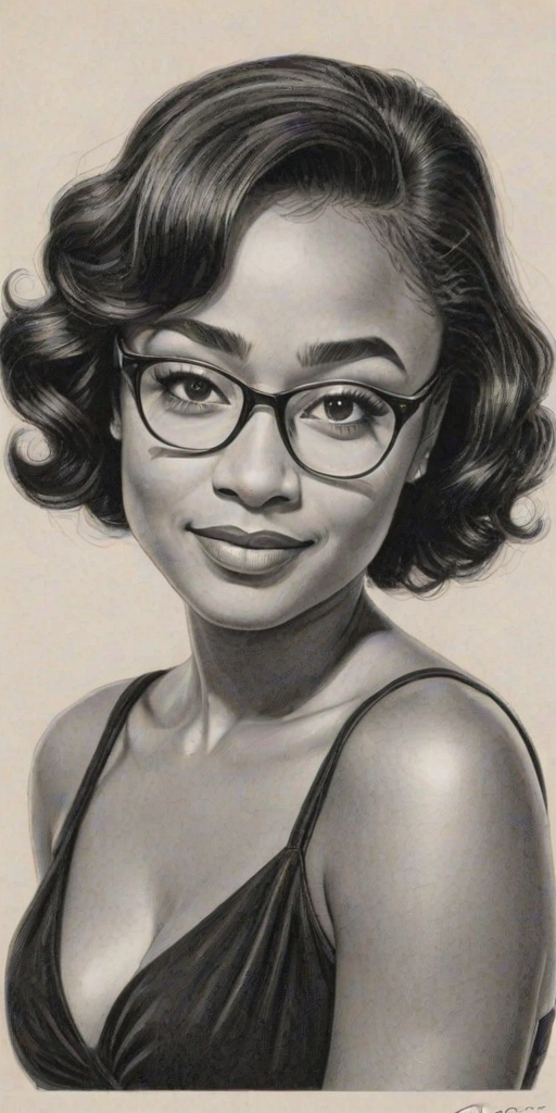 Sublime Tatyana Ali, pencil sketch, portrait of Dazzling woman 1951s in glasses, hair style beatnik, outline, clear lines, fine lines, 8k