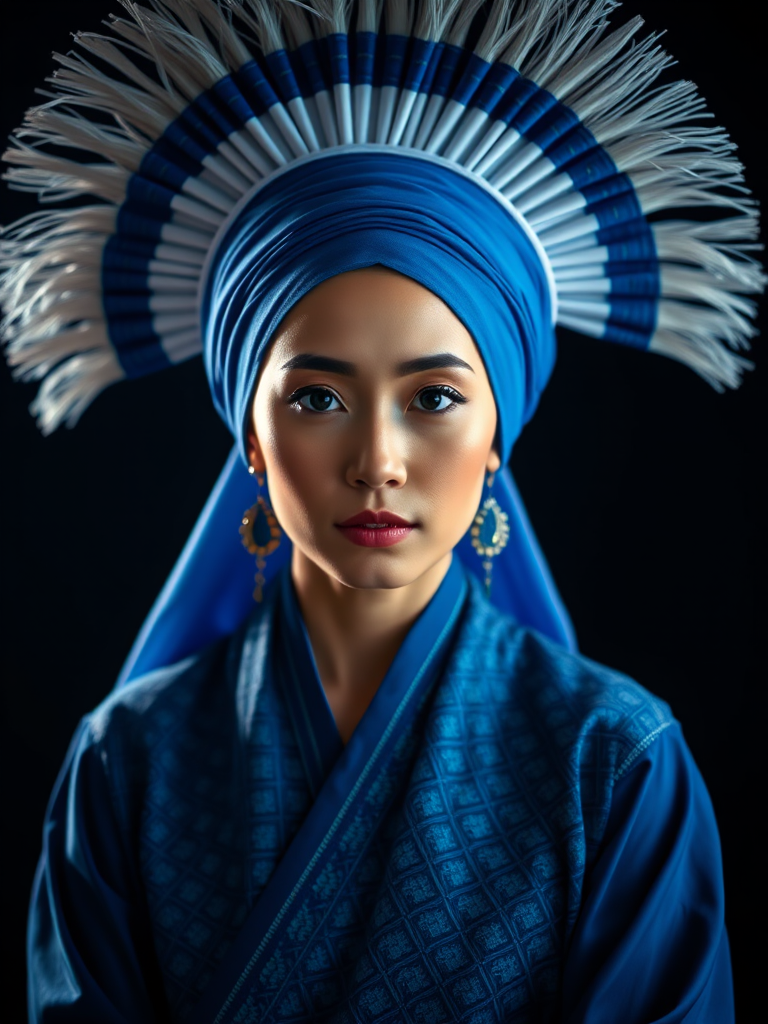 portrait of a woman in a traditional blue and white costume with a large decorative headdress, studio lighting, soft focus, Canon EOS 5D Mark IV, 50mm f/1.8 lens, f/2.8 aperture, ISO 100, 1/125 sec, front-facing view, high contrast against a dark background.
