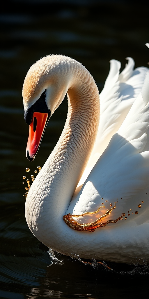 Create a highly detailed, artistic representation of a swan with elegant wings in motion, showcasing fluid gold and silver splashes, using a DSLR camera with a 50mm lens, aperture f/1.8, ISO 100, shooting in soft natural light from a low angle to capture intricate textures and vibrant colors.