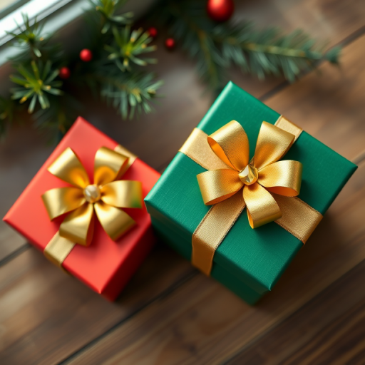 Create a high-resolution image of two beautifully wrapped gift boxes, one red with a golden bow and one green with a golden bow, using a 50mm lens, f/1.8 aperture, ISO 100, shot from an overhead view, in soft natural lighting, with a shallow depth of field to enhance the focus on the gifts.
