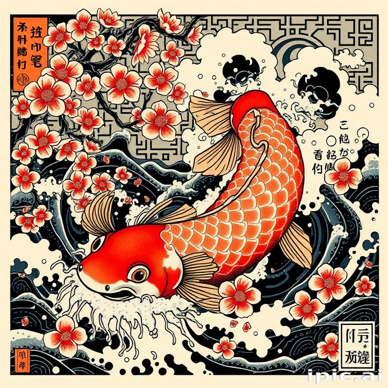 Vibrant Japanese Koi Fish Swimming Amidst Cherry Blossoms and Waves