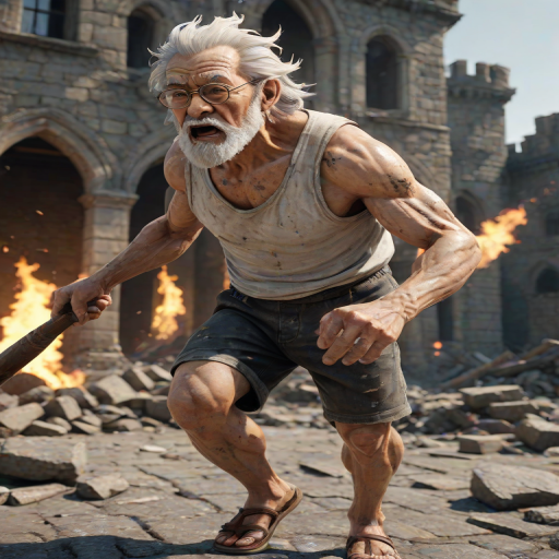 Cartoon 3D High-Resolution,dynamic battle scene using Unreal Engine 5 and Octane Render. The scene features back of an elderly, thai man with a beard,messy hair and round golden-rimmed glasses. He is wearing a tattered tank top with soot marks, shorts, and sandals. sweating. he wields a baseball bat. He jump to fight with a white fire-breathing Europe dragon amidst a partially destroyed stone castle. Include intense flames, smoke, and debris to enhance the dramatic effect.