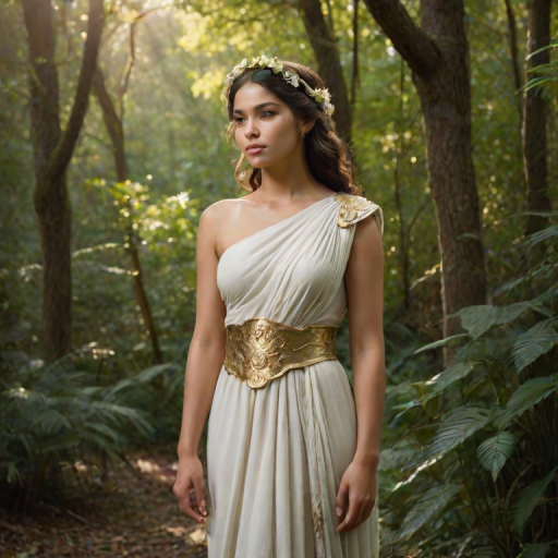 Create a portrait of a goddess-like Hispanic girl figure in a tranquil, forested environment. She has an elegant appearance with long, wavy hair styled in an updo and adorned with a delicate, floral headband. She wears a flowing, ancient Greek-inspired gown in a soft, pale color, featuring a one-shoulder design and draped fabric that accentuates her graceful form. The outfit includes a decorative belt with ornate gold detailing, and she holds a bow in her hand, with a quiver of arrows slung over her shoulder. The background depicts lush greenery, with sunlight filtering through the trees, casting a gentle, ethereal light on the scene. Her expression is calm and contemplative, embodying a sense of wisdom and serenity.