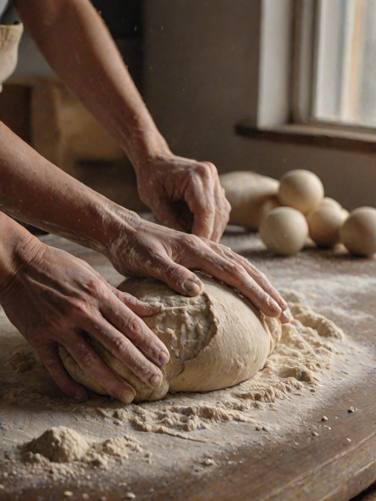 Close-up of a pair of hands kneading dough on a floured wooden surface, soft light from a nearby window illuminating the flour dust and the rolling pin resting beside the dough.