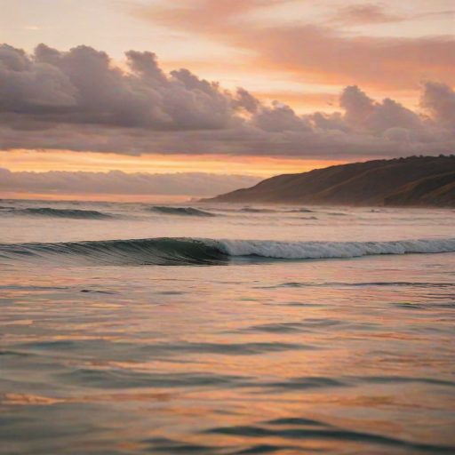 Blurry action shot of a surfer paddling out towards an oncoming wave at sunset, soft golden light illuminating the water's surface, with distant clouds painted in orange and pink hues.