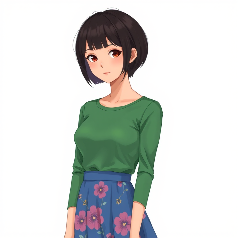 generate a detailed digital illustration of a young woman with short black hair wearing a green long-sleeve top and a blue skirt with a floral pattern, in a minimalist style, soft lighting, shot with a Canon EOS R5, 50mm f/1.8 lens, ISO 100, aperture f/2.8, centered composition, smooth bokeh background