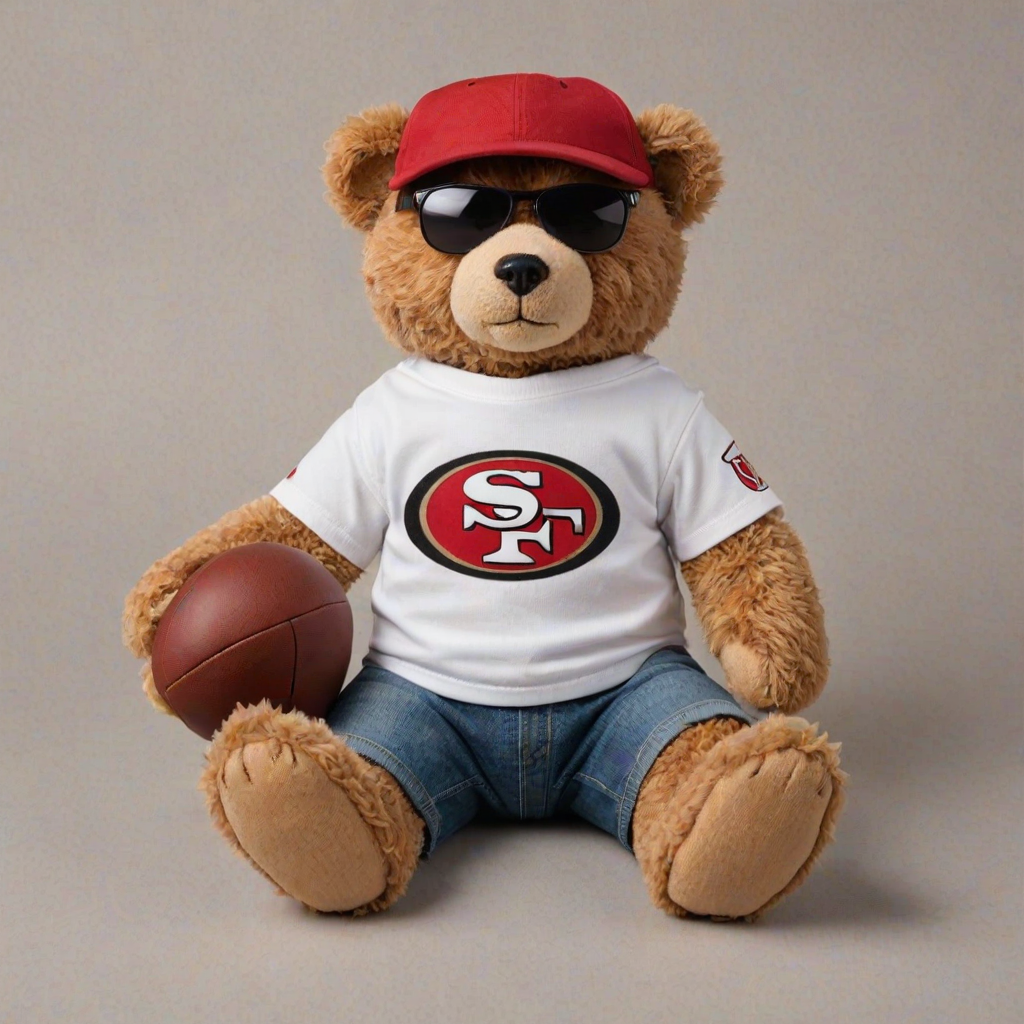 A cute and fluffy teddy bear dressed in a San Francisco 49ers-themed outfit, wearing a red cap with the 49ers logo, aviator sunglasses, and a white football jersey with red accents. The bear is also wearing casual jeans and red and white sneakers, while sitting in a relaxed pose with a football beside it. The teddy bear has a cool, laid-back attitude, with a sporty vibe. The background is clean and minimal, highlighting the bear as the main focus.