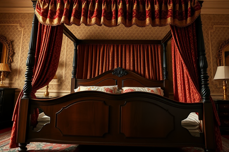 vintage four-poster bed with rich red and gold patterned drapes, interior lighting softly highlighting the wood details, taken with a DSLR camera using a 35mm lens at f/2.8, ISO 100, natural light, shot from a low angle to emphasize height and elegance