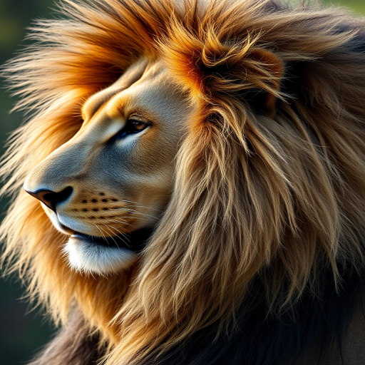 Close-up profile shot of a majestic lion with a flowing mane in soft focus, using a 85mm lens at f/1.8, ISO 100, natural light, captured with a DSLR camera.