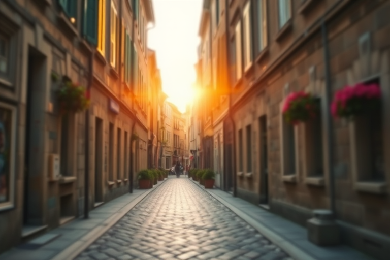 Soft-focus image of a narrow cobblestone street in an old European town at sunrise, soft golden light reflecting off the stone buildings, with flower boxes hanging from windows.