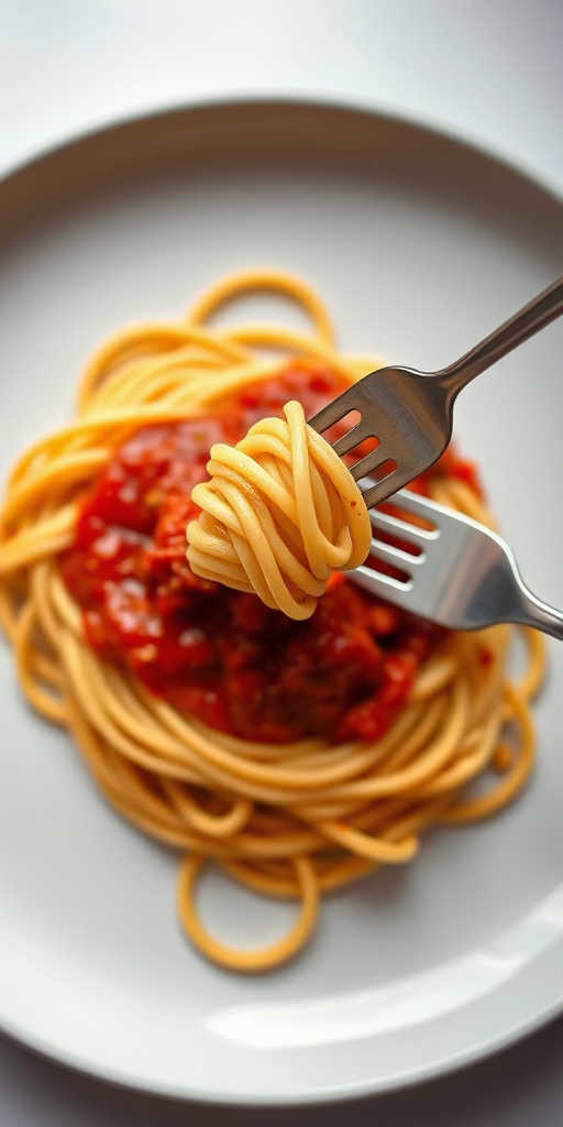 a plate of spaghetti with marinara sauce and a fork twirling pasta, vibrant colors, top-down view, DSLR camera, f/2.8 aperture, 50mm lens, ISO 100, natural lighting, high-resolution, minimalist style