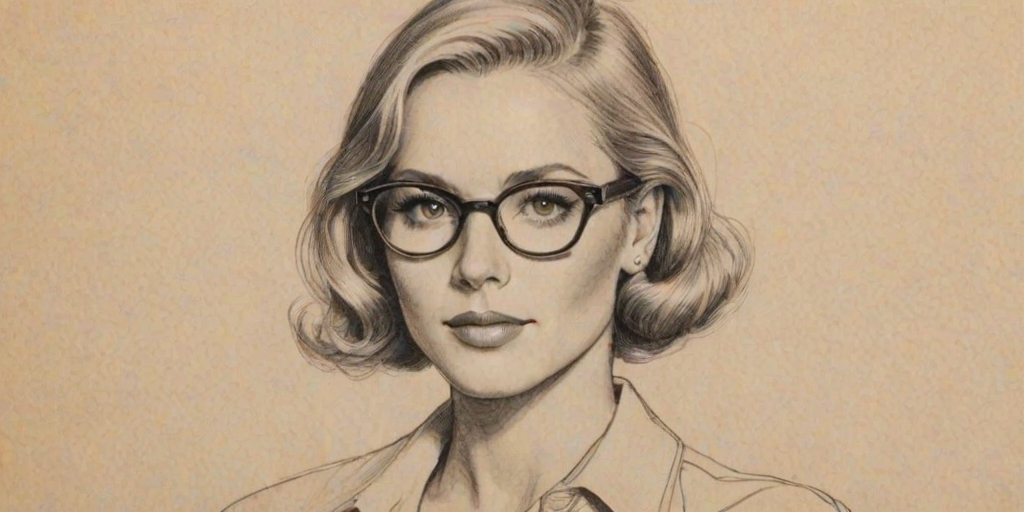 Superb Alana Stewart, pencil sketch, portrait of Attractive woman 1930s in glasses, hair style beatnik, outline, clear lines, fine lines, 8k
