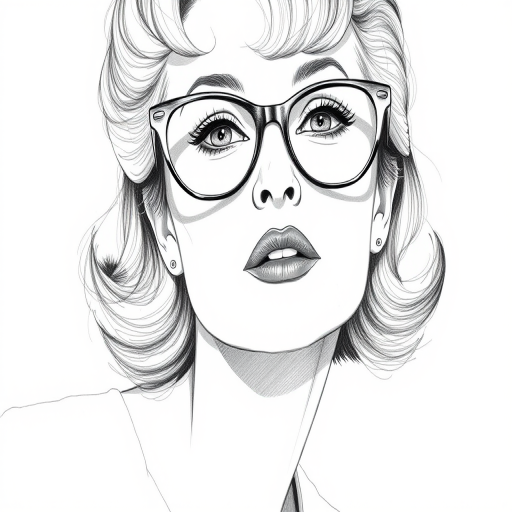 Beautiful Bette Davis, pencil sketch, portrait of beautiful woman 60s in glasses, hair style beatnik, outline, clear lines, fine lines, 8k