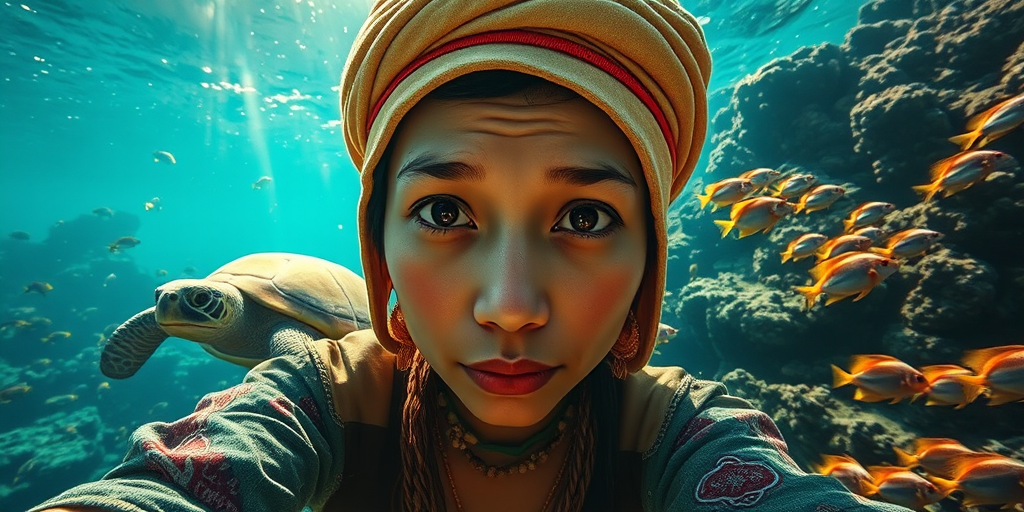 Realistic selfie image of a Burmese, wearing a vintage outfit, detailed dreamy eyes, droopy hooded eyes, staring at the camera, taken underwater at coral reef with a sunbeam filtering through the water, vibrant, summer vacation, natural lighting, turtle and school of tropical fish with vibrant colors, rendered in the style of CryEngine, Pegi Nicol MacLeod, with realistic genre scenes, hauntingly beautiful narratives, ultra-realism, and Thomas Saliot's close-up technique, 8K resolution, crystal clear and sparkling water.
