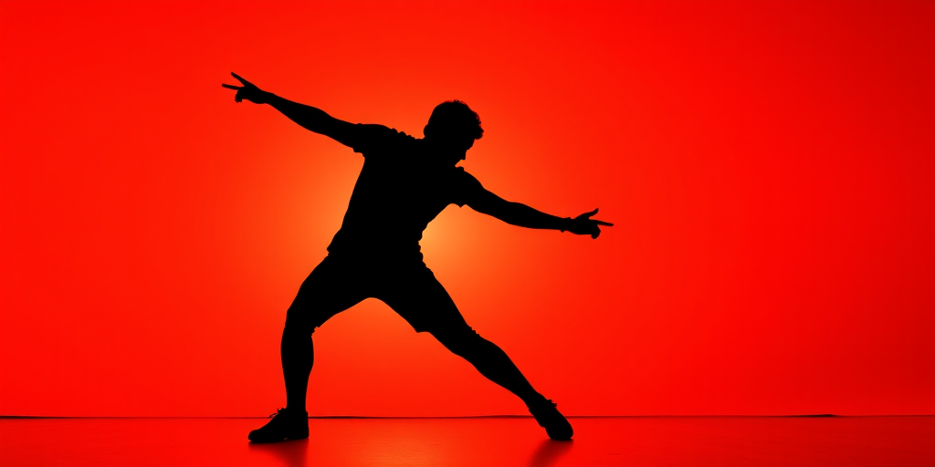 Create a vibrant silhouette of a person in an action pose against a contrasting background, shot with a DSLR camera at f/2.8 aperture, ISO 100, and a focal length of 50mm, using a wide-angle lens for a dynamic perspective.