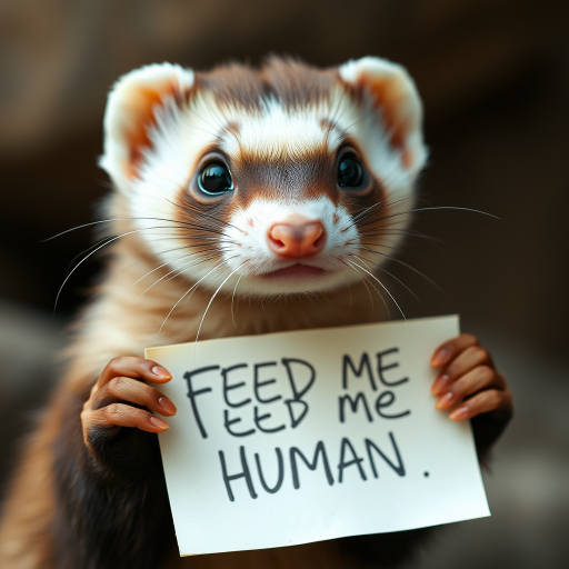 Ferret holding a note which says "FEED ME HUMAN"
