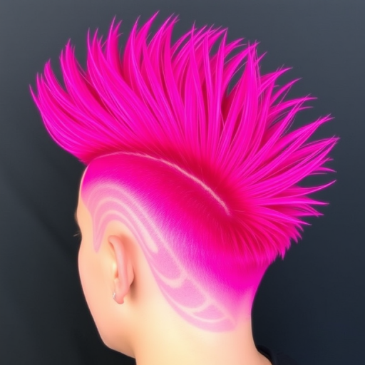 Vivid magenta mohawk fade titled "Fuchsia Flame" tapering from a bold, spiky crown to closely cropped sides with intricate line designs