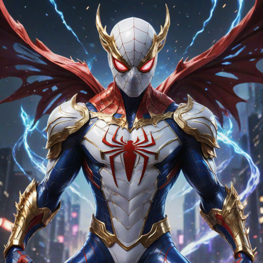 A high-budget, anime-style wallpaper featuring Spiderman in an epic White, blue red Kirin armor. Golden dragon gloves, the gloves is in the shape of dragon heads, Golden dragon head gloves, White glossy eyes, The armor is designed with metallic details that reflect light, showcasing intricate Kirin motifs. Spiderman's armor is a striking gradient of blue, red and white, with Colorful galaxy inner sections, making it look both powerful and sleek. The background is flat white, with Kirin-shaped blue-violet glowing rune relic to give the impression power, striking pose, the Kirin's armor is dominantly in white, with some details in blue and red, Cinematic anime action scene, cinematic action pose, medium shot action portrait, dramatic effect of shadow and light.