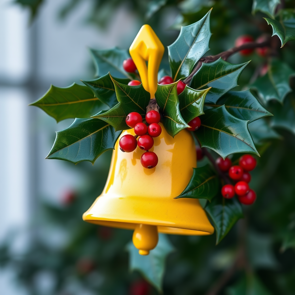 Create a high-resolution illustration of a yellow bell adorned with holly leaves and red berries, using a DSLR camera with a 50mm lens, aperture set to f/2.8, ISO 100, at a 45-degree angle, with soft natural lighting to enhance color vibrancy and detail.