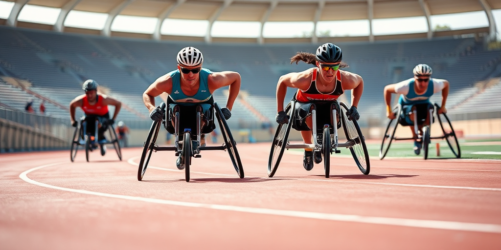 Capture an image of wheelchair athletes racing on a track, using a Canon EOS R5 camera, 50mm lens, f/2.8 aperture, ISO 100, shutter speed 1/1000s, with a low-angle view for dynamic perspective and vibrant colors in bright daylight.