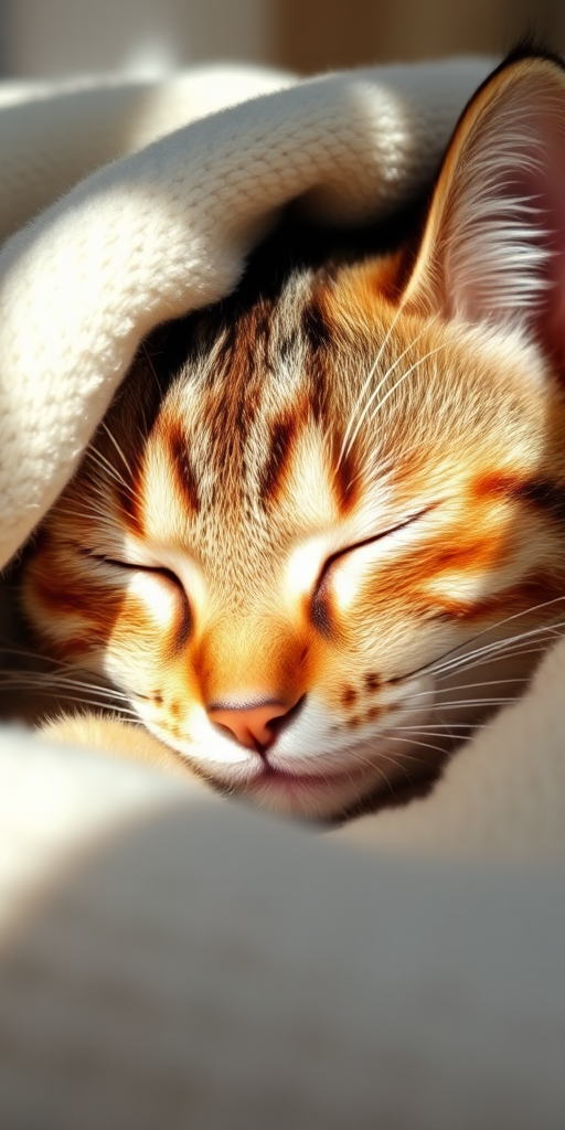 Close-up of a sleeping tabby cat partially covered by a soft blanket, with natural light illuminating its face, taken with a DSLR camera, 50mm f/1.8 lens, ISO 200, shutter speed 1/100 sec, shallow depth of field for a soft background.
