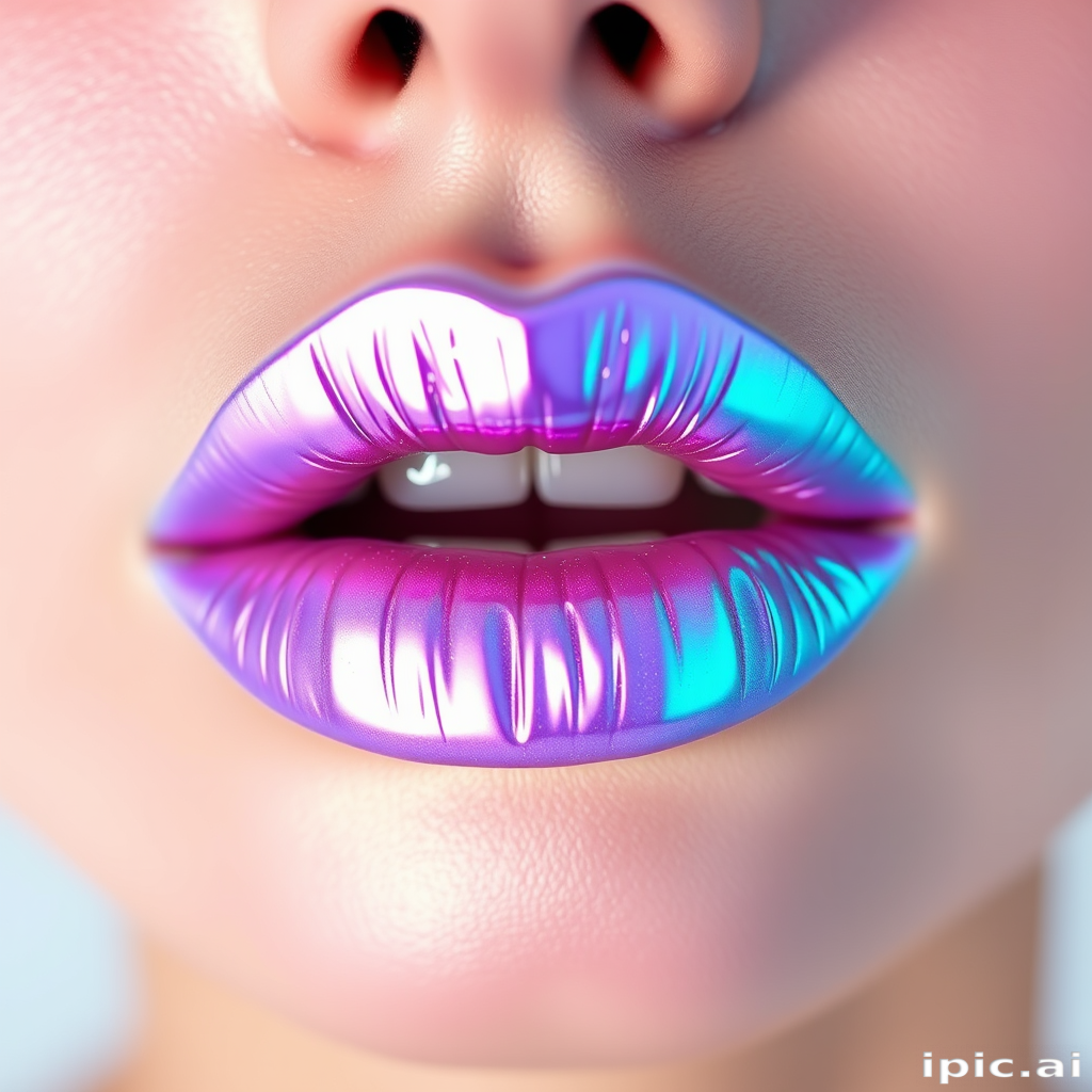 Iridescent holographic lips shifting between lavender and mint green, creating a futuristic and ethereal look that captivates the imagination