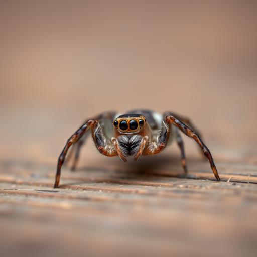 macro shot of a spider on a wooden surface with soft focus background, 100mm macro lens, f/2.8 aperture, ISO 200, 1/100 sec shutter speed, natural lighting, close-up perspective, DSLR camera