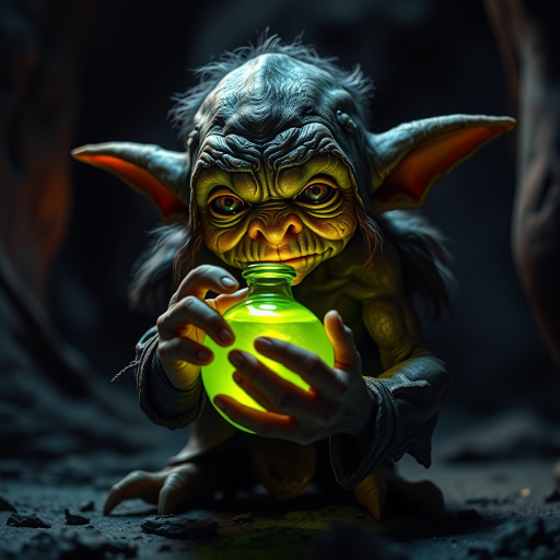 A goblin holding a glowing potion in a dark, eerie setting with detailed textures, sharp focus, dramatic lighting, shot with a DSLR camera at f/2.8, ISO 100, 50mm lens, low-angle view, high dynamic range for enhanced quality.
