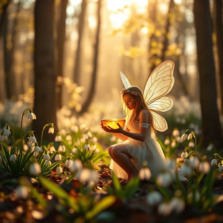 Create an enchanting scene of a fairy in a magical forest holding a glowing bowl, surrounded by blooming snowdrops and dappled sunlight filtering through the trees, captured with a Canon EOS R5, 50mm lens, f/1.8 aperture, ISO 200, at golden hour for soft golden lighting and a shallow depth of field.