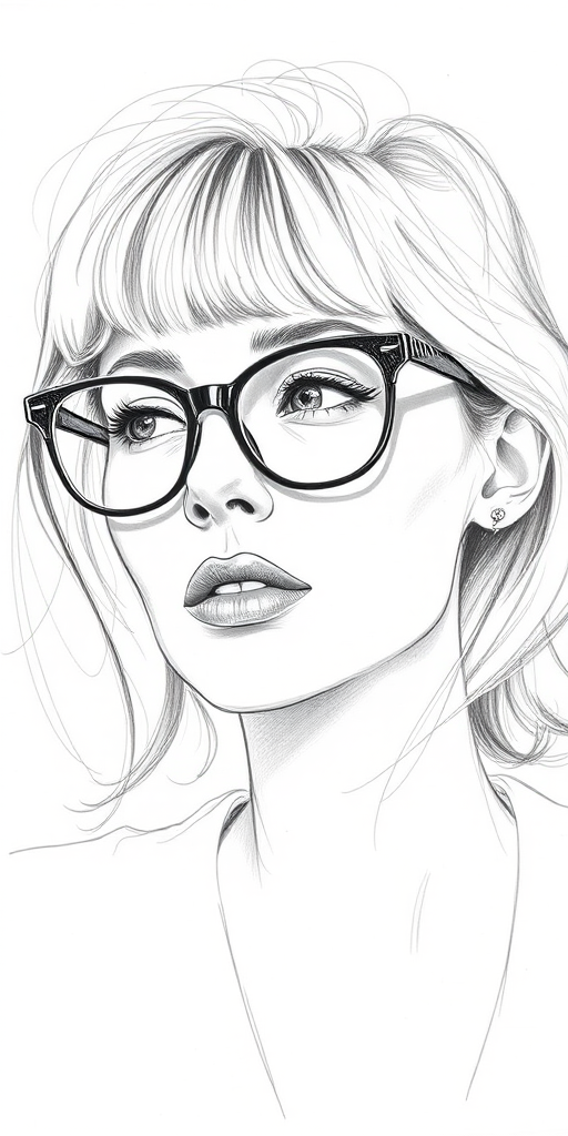 Beautiful Cate Blanchett, pencil sketch, portrait of beautiful woman 60s in glasses, hair style beatnik, outline, clear lines, fine lines, 8k
