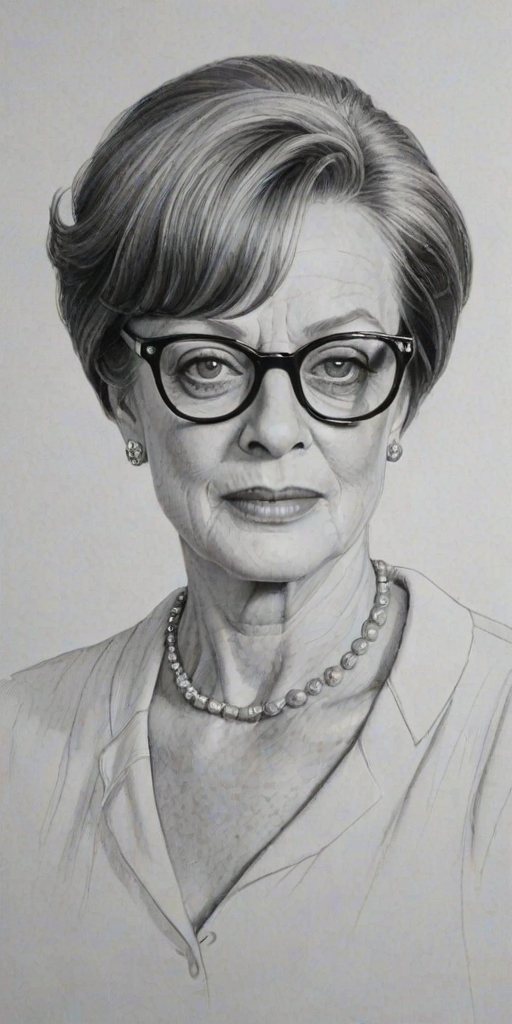 Graceful Maggie Smith, pencil sketch, portrait of Attractive woman 1956s in glasses, hair style beatnik, outline, clear lines, fine lines, 8k