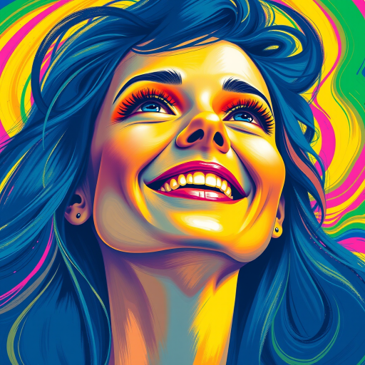 Generate a psychedelic portrait of a woman's happy face with brushstrokes of a woman smiling and looking up at the sky, emphasizing bright and bold colors. The dominant color should be deep blue, with swirling patterns of yellow, green, pink, purple and orange. open blue eyes with long eyelashes, apply an orange-yellow eyeshadow for a mesmerizing effect.