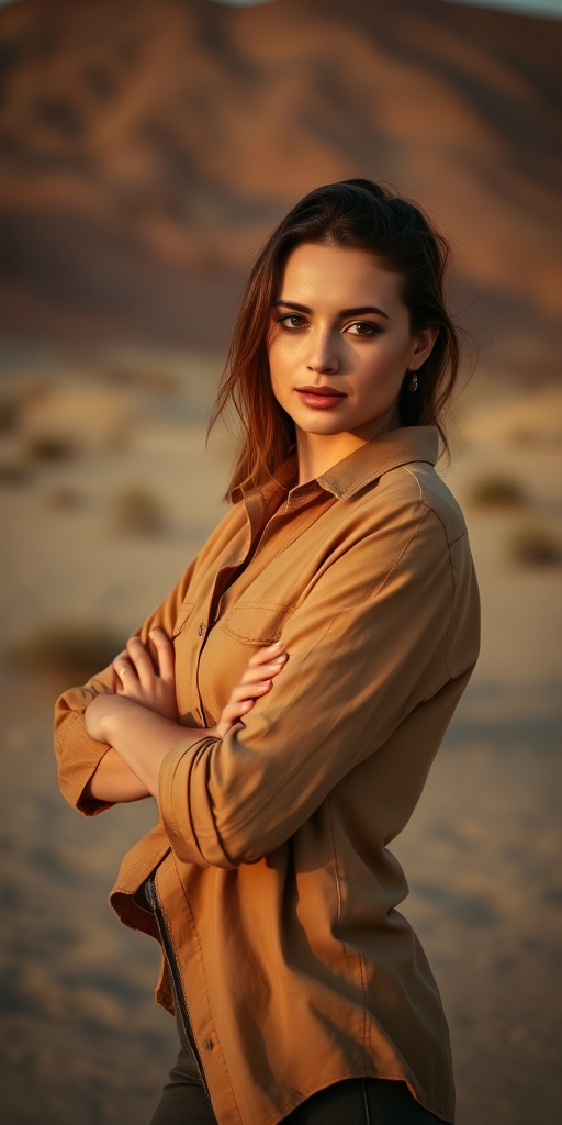 portrait of a Woman, she is posing in the desert wearing a tan shirt