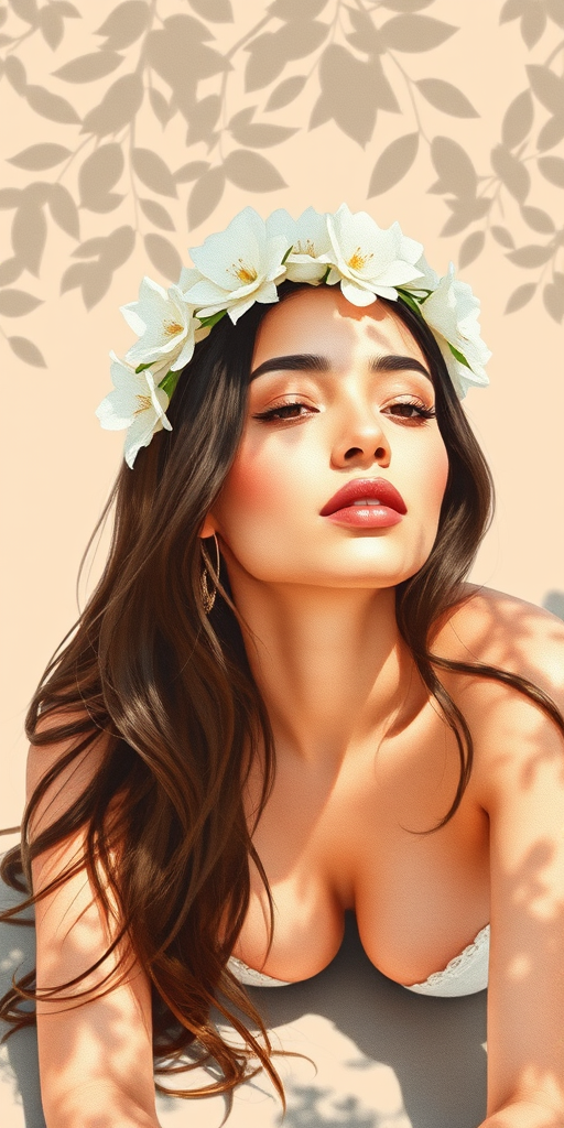 create a watercolor painting of an ethereal portrait of beautiful Hispanic woman with a simple white flower crown on her head. Her hair is long and she is lying on the ground. The sunlight on the trees casts shadows from the leaves on her face and body. The background is a neutral brown color that matches her skin tone. The image is minimalist and solid colors. This style is characterized by soft, delicate brushstrokes and a light, airy, contrasting color palette. High level of detail and play of light