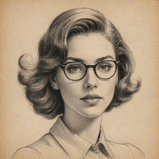 Delightful Jessica Williams, pencil sketch, portrait of Gorgeous woman 1939s in glasses, hair style beatnik, outline, clear lines, fine lines, 8k