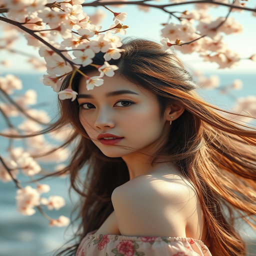 Regenerate a high-quality image of a woman with flowing hair adorned with cherry blossoms and waves in the background, using a Canon EOS R5 camera, 50mm lens at f/1.8, ISO 100, natural lighting, portrait view, in a soft art style.