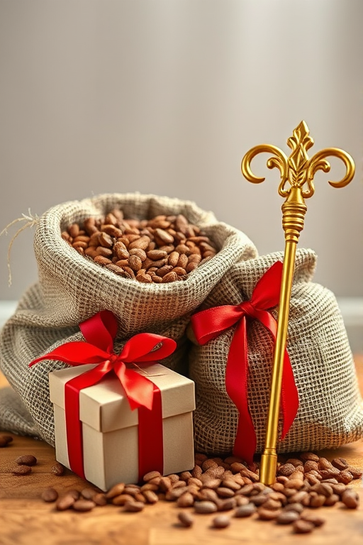 Create an image of a burlap sack filled with pet food, next to a small gift box wrapped with a red ribbon and a golden staff leaning against it, using a Canon EOS R5, 50mm lens, f/2.8 aperture, ISO 100, with soft natural lighting and a shallow depth of field to focus on the textures.
