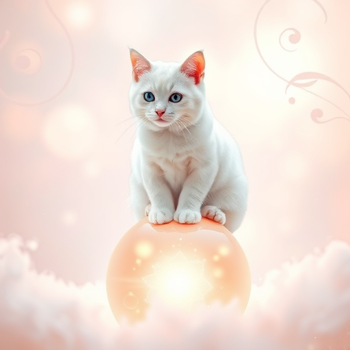 Create a digital artwork of a white cat sitting on a glowing orb set in a soft, ethereal background featuring swirls and floral motifs, captured with a high-resolution DSLR camera, using a 50mm lens, aperture set at f/1.8, ISO 100, and a soft focus for a dreamy effect.