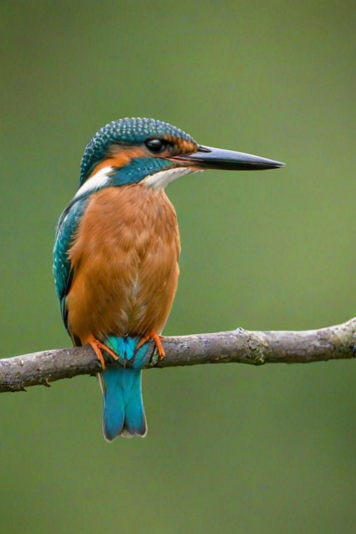 a vibrant kingfisher perched on a thin branch with a blurred green background