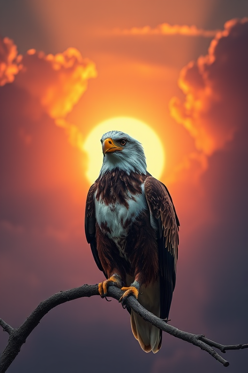 A majestic eagle perched on a branch with a vivid sunset in the background, showcasing vibrant clouds and a mystical atmosphere, captured with a Canon EOS R5, 85mm lens, f/1.8 aperture, ISO 100, soft focus for a dreamy effect, shot at eye level.