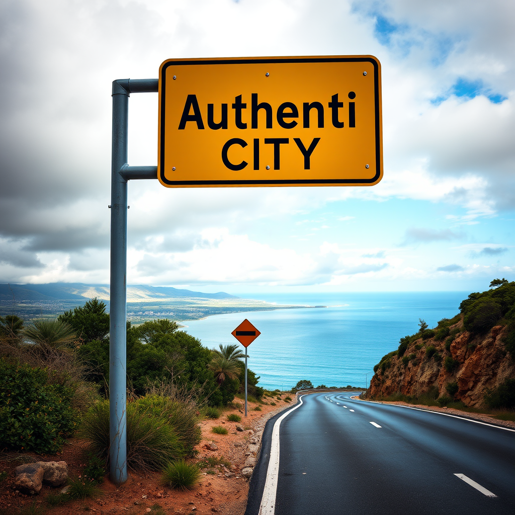 Create a hyper-realistic image of a road sign that reads "Authenti City" with a coastal view, a winding road leading to the horizon, cloudy skies above, shot with a DSLR camera at f/8, ISO 100, 24mm lens, in natural lighting, focus on vibrant colors and sharp details.