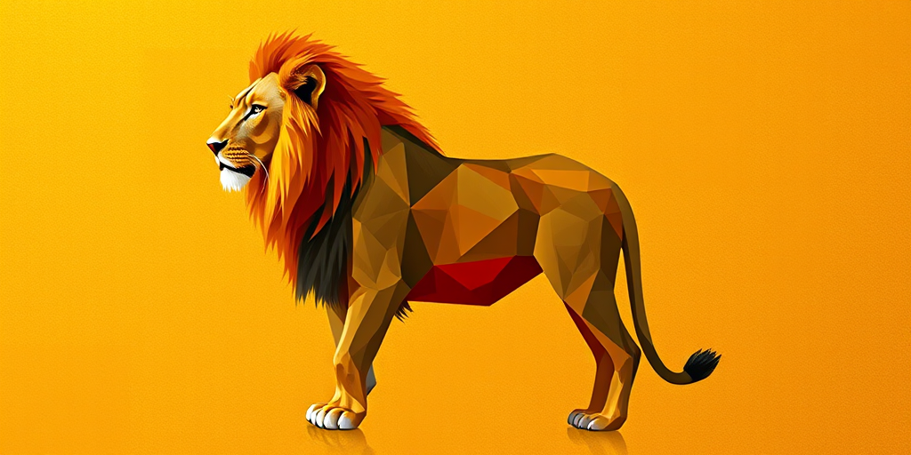 Create a high-resolution geometric style illustration of a lion and lioness standing together on a textured golden background, using soft focus and vivid colors, shot with a DSLR camera at f/8 aperture, 50mm lens, 1/125 second shutter speed.