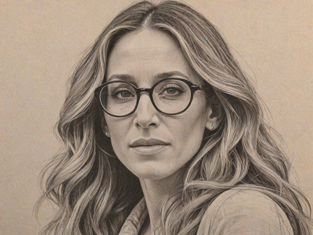 Stunning Sarah Jessica Parker, pencil sketch, portrait of Delightful woman 1972s in glasses, hair style beatnik, outline, clear lines, fine lines, 8k