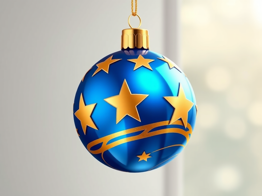 Create a high-resolution digital illustration of a blue Christmas ornament featuring golden stars and wavy stripes, using a 50mm lens with an aperture of f/2.8, shot from a 45-degree angle in soft natural light, simulating a DSLR camera style.