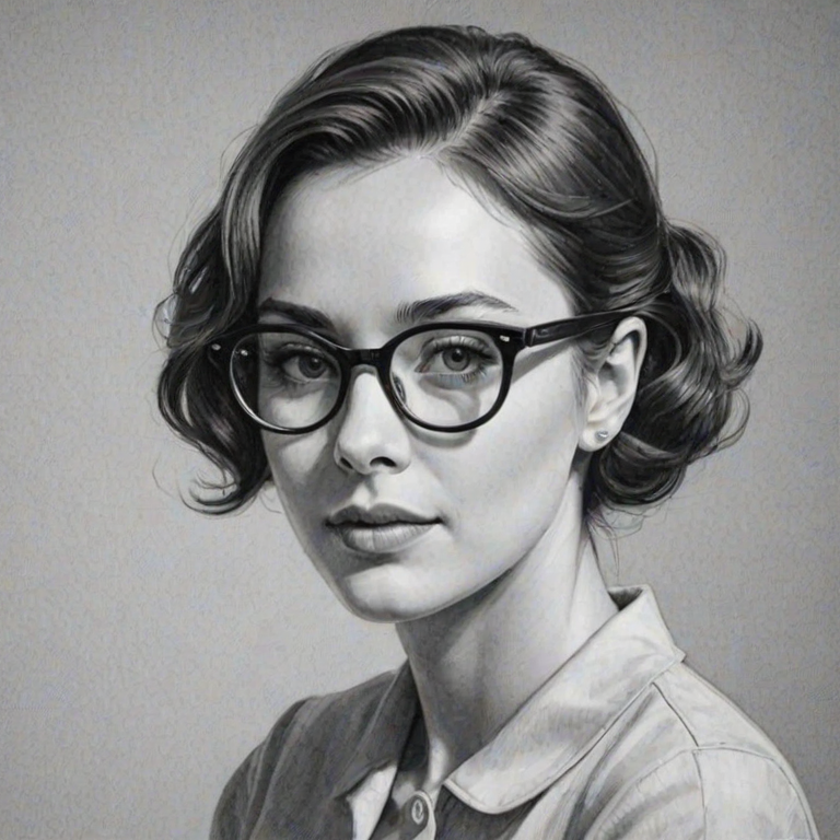 Elegant Elliot Page, pencil sketch, portrait of Graceful woman 1958s in glasses, hair style beatnik, outline, clear lines, fine lines, 8k