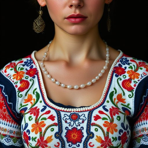 Face, shoulders, chest covered in openwork Ukrainian embroidery. Raw, unedited image.