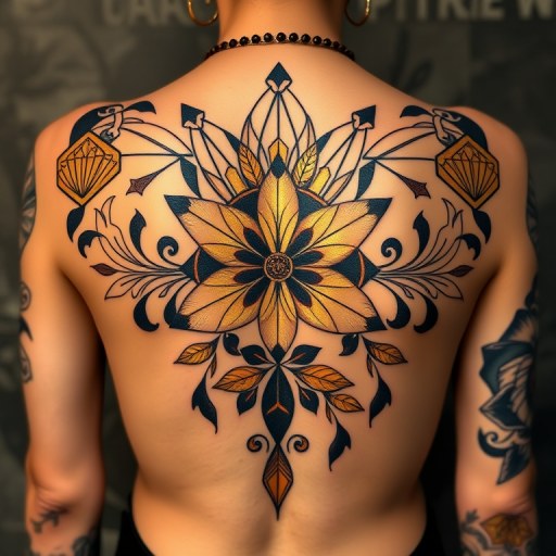 Elegant art deco tattoo titled "Golden Age Glamour" showcasing geometric patterns and stylized floral motifs in metallic gold and black ink, capturing the essence of 1920s sophistication on the back
